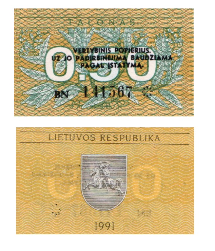 Lithuania #31b/CUTTING ERROR note  0,50 Talonas